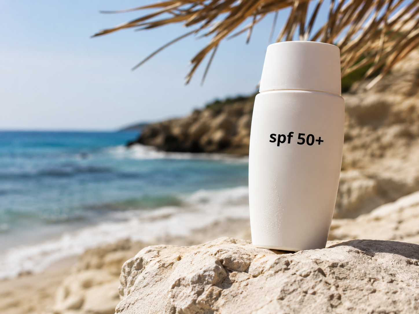 Flacone di protezione solare spf 50+ in spiaggia